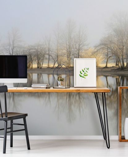 fond d'écran lac brumeux et lever de