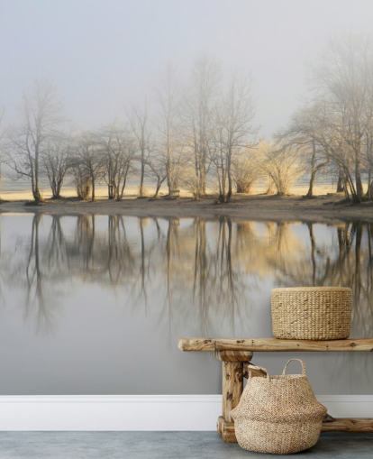 papel de parede misty lake and sunrise