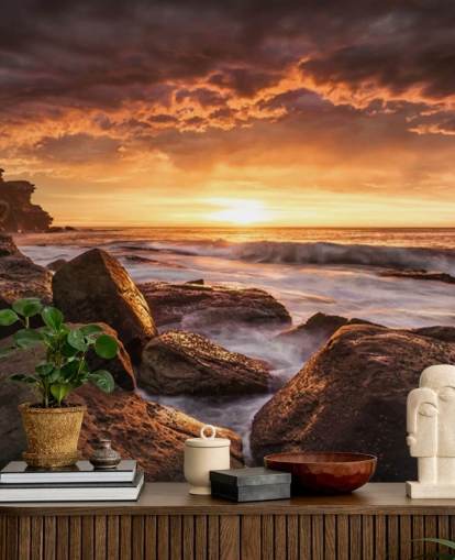 rock sunset coast behang