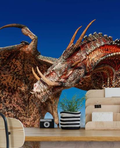 beängstigend gehörnter roter Drache fliegende Tapete