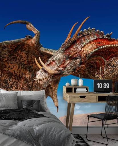 skrämmande horned röd drake flygande tapet