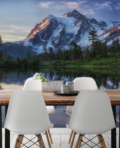 snowy mountain and lake waters wallpaper