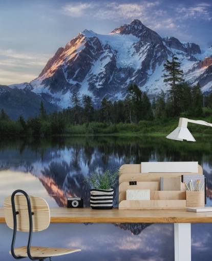 snowy mountain and lake waters wallpaper