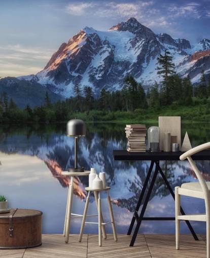 snowy mountain and lake waters wallpaper