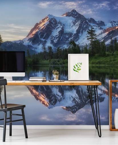 snowy mountain and lake waters wallpaper