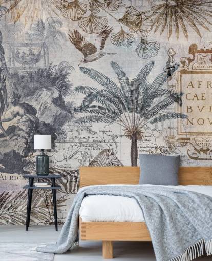 vintage africa map, animals and palm leaves wallpaper