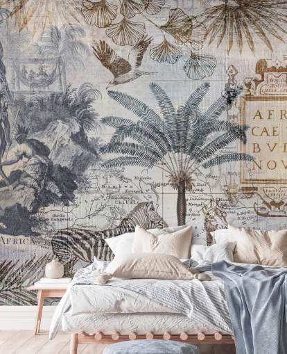 vintage africa map, animals and palm leaves wallpaper vintage africa map, animals and palm leaves wallpaper