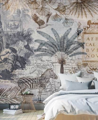 vintage afrika kaart, dieren en palmbladeren behang