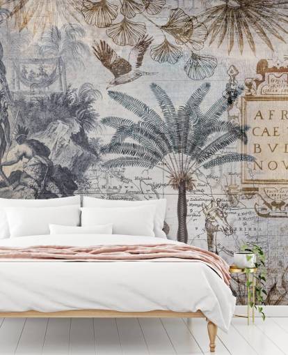carta da parati vintage africa mappa, animali e foglie di palma