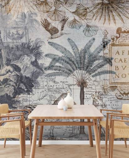 carta da parati vintage africa mappa, animali e foglie di palma