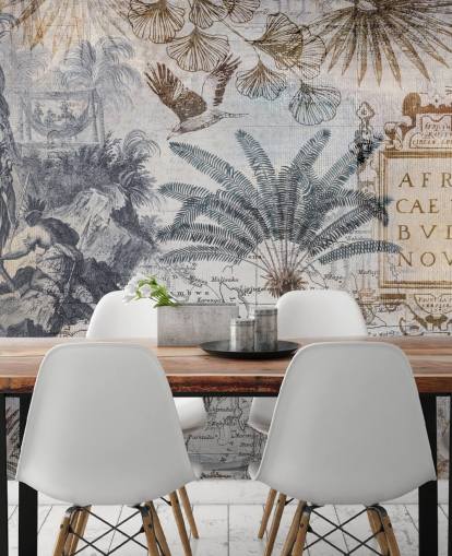 vintage afrika kaart, dieren en palmbladeren behang