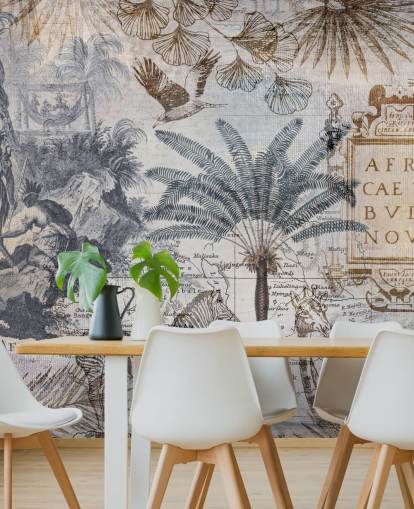 mapa da áfrica vintage, animais e folhas de palmeira papel de parede