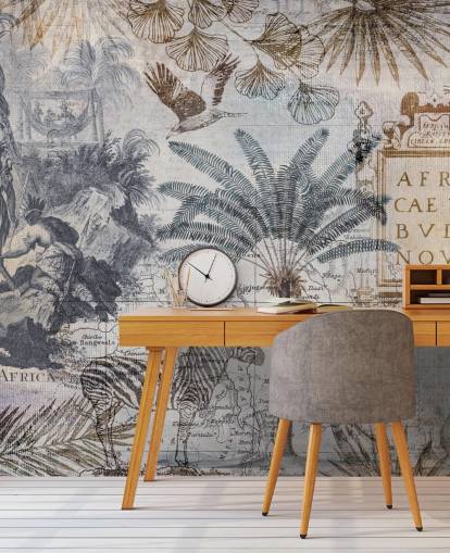 vintage africa map, animals and palm leaves wallpaper