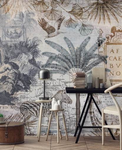 vintage africa map, animals and palm leaves wallpaper