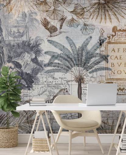 vintage africa map, animals and palm leaves wallpaper