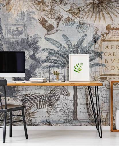 vintage africa map, animals and palm leaves wallpaper vintage africa map, animals and palm leaves wallpaper