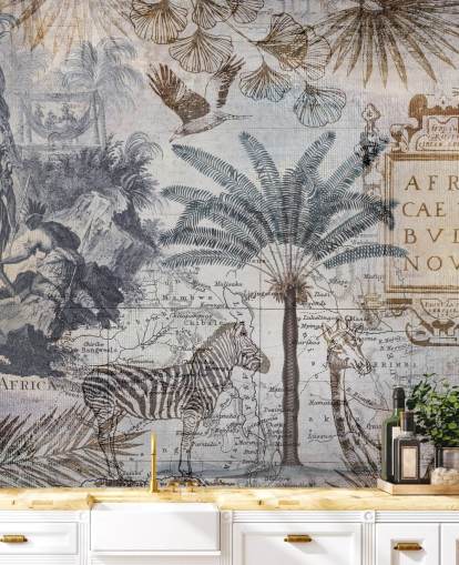 carta da parati vintage africa mappa, animali e foglie di palma