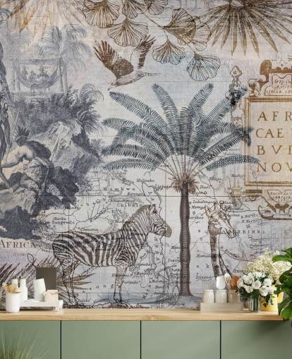 vintage afrika kaart, dieren en palmbladeren behang vintage afrika kaart, dieren en palmbladeren behang