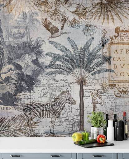 mapa da áfrica vintage, animais e folhas de palmeira papel de parede