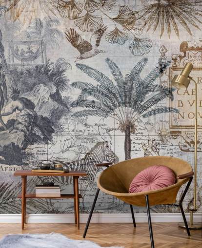 carta da parati vintage africa mappa, animali e foglie di palma