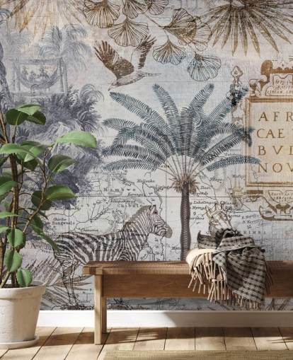 vintage africa map, animals and palm leaves wallpaper