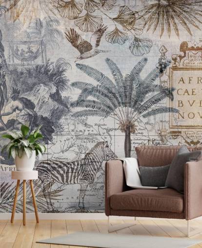 mapa da áfrica vintage, animais e folhas de palmeira papel de parede mapa da áfrica vintage, animais e folhas de palmeira papel de parede