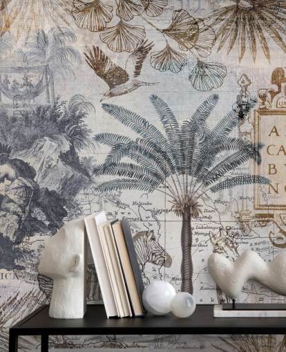 fondo de pantalla vintage de mapa de áfrica, animales y hojas de palma