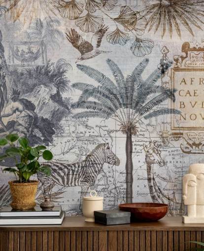 vintage africa map, animals and palm leaves wallpaper