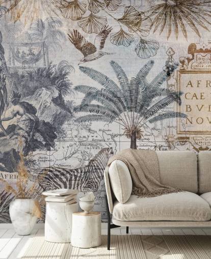 fondo de pantalla vintage de mapa de áfrica, animales y hojas de palma