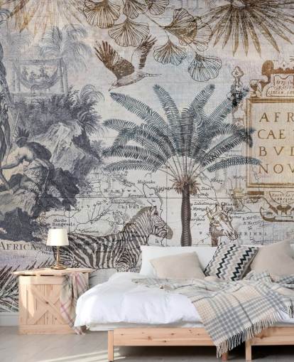vintage africa map, animals and palm leaves wallpaper