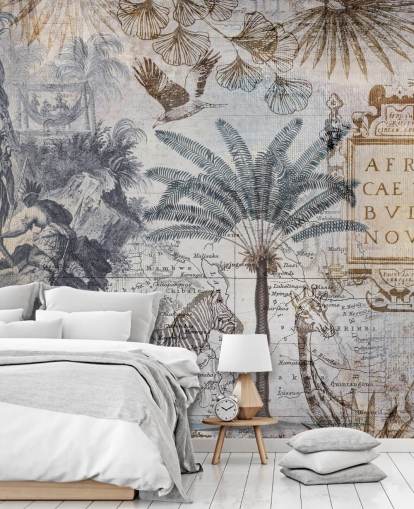 carta da parati vintage africa mappa, animali e foglie di palma