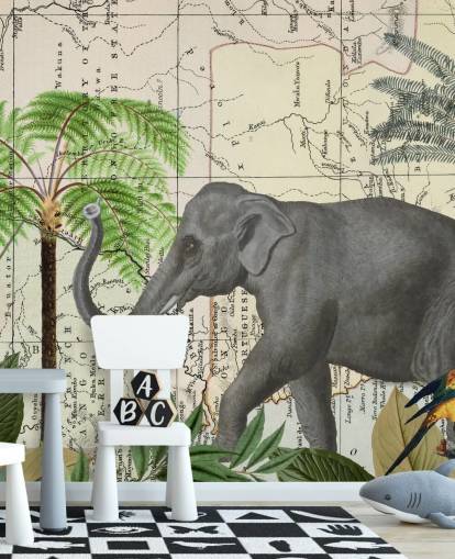 papel pintado de elefantes, pájaros y selva