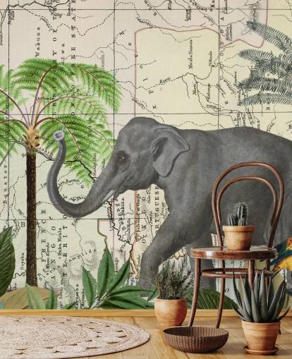 papel pintado de elefantes, pájaros y selva papel pintado de elefantes, pájaros y selva
