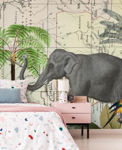 carta da parati elefante, uccelli e giungla