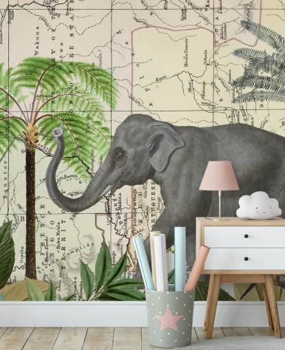 carta da parati elefante, uccelli e giungla