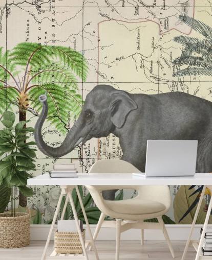 olifant, vogels en jungle behang