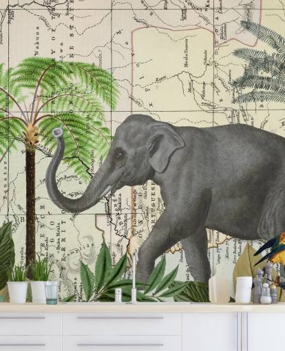 papel pintado de elefantes, pájaros y selva