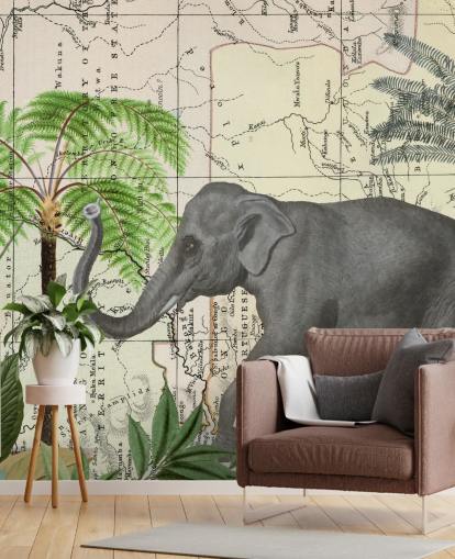 papel pintado de elefantes, pájaros y selva