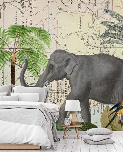 papel pintado de elefantes, pájaros y selva