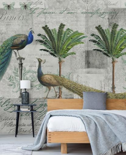 deux paons dans un décor tropical papier peint