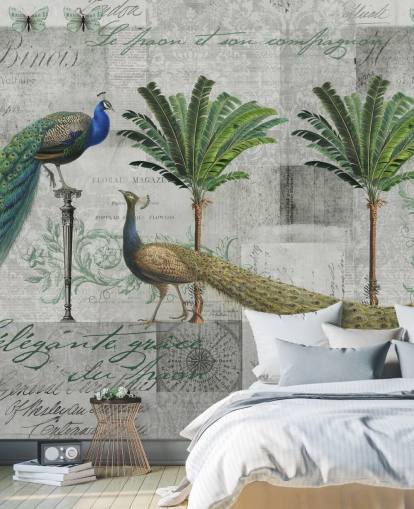 deux paons dans un décor tropical papier peint
