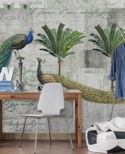 two peacocks in tropical setting wallpaper