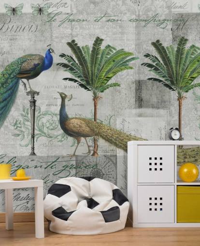 two peacocks in tropical setting wallpaper
