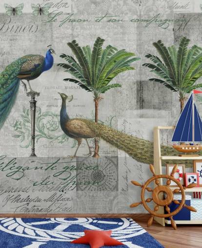 deux paons dans un décor tropical papier peint