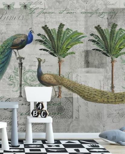 two peacocks in tropical setting wallpaper