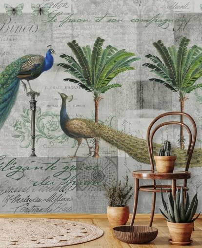 deux paons dans un décor tropical papier peint