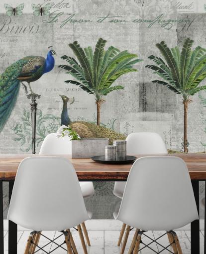 two peacocks in tropical setting wallpaper