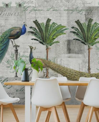 twee pauwen in tropische setting behang