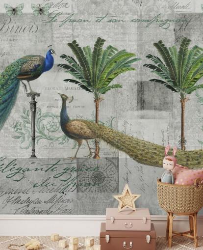 two peacocks in tropical setting wallpaper