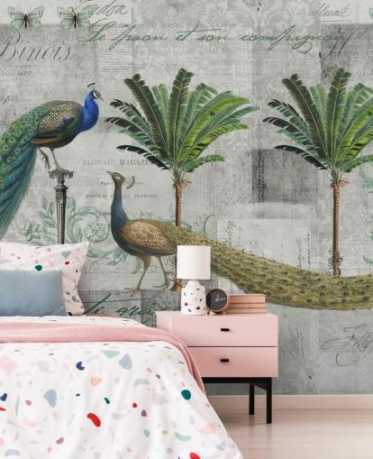 two peacocks in tropical setting wallpaper